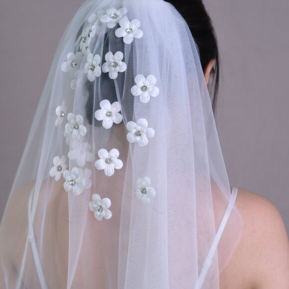Bridella BV46 3D Small Flower Rhinestone Veil Short Elbow Length Bridal Wedding - Picture 1 of 8